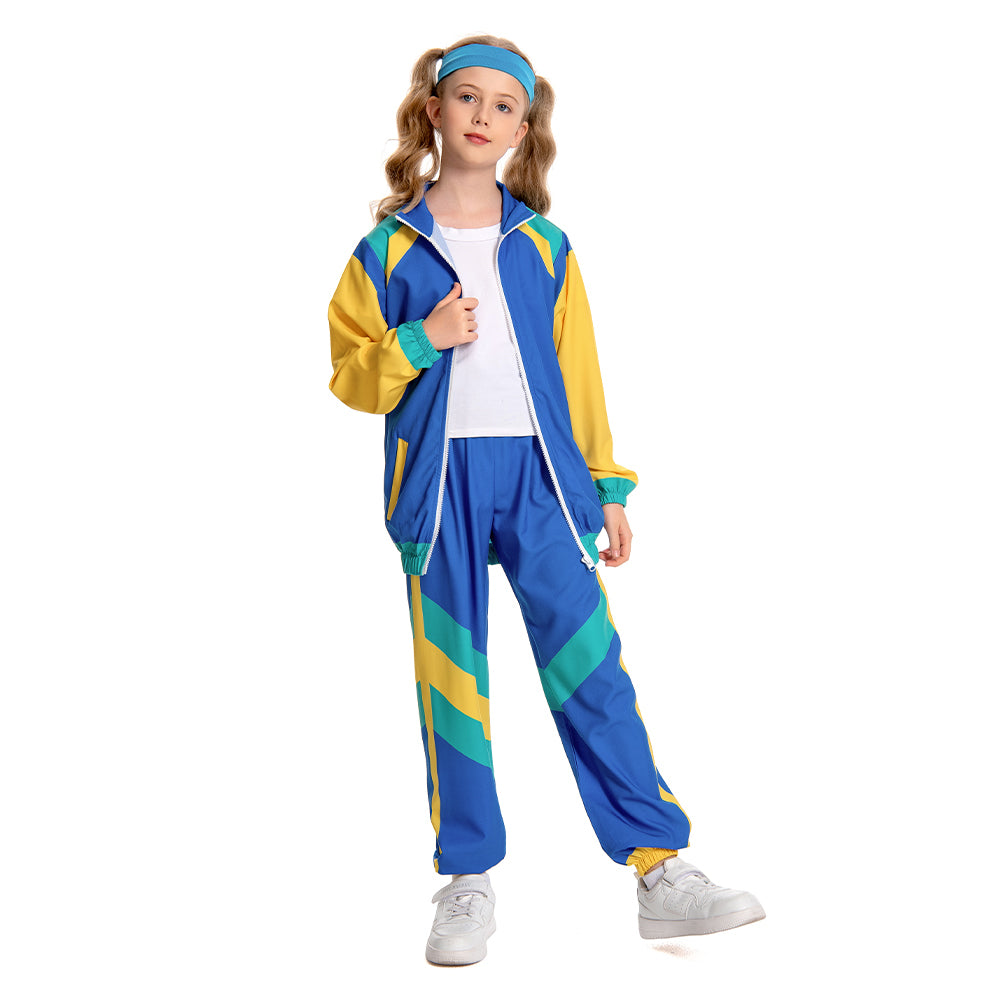 Kinder Bühnenkostüm Blau Retro Tanzkleidung Sportbekleidung Set Outfits Halloween Karneval Anzug