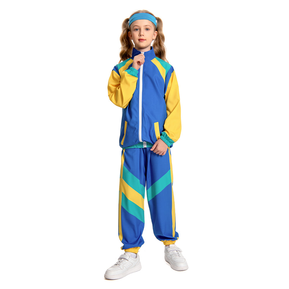 Kinder Bühnenkostüm Blau Retro Tanzkleidung Sportbekleidung Set Outfits Halloween Karneval Anzug