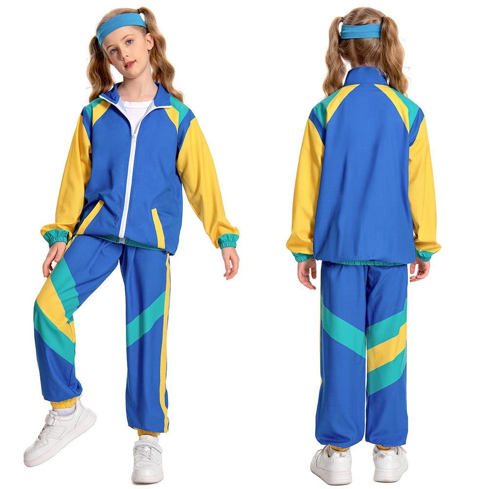 Kinder Bühnenkostüm Blau Retro Tanzkleidung Sportbekleidung Set Outfits Halloween Karneval Anzug