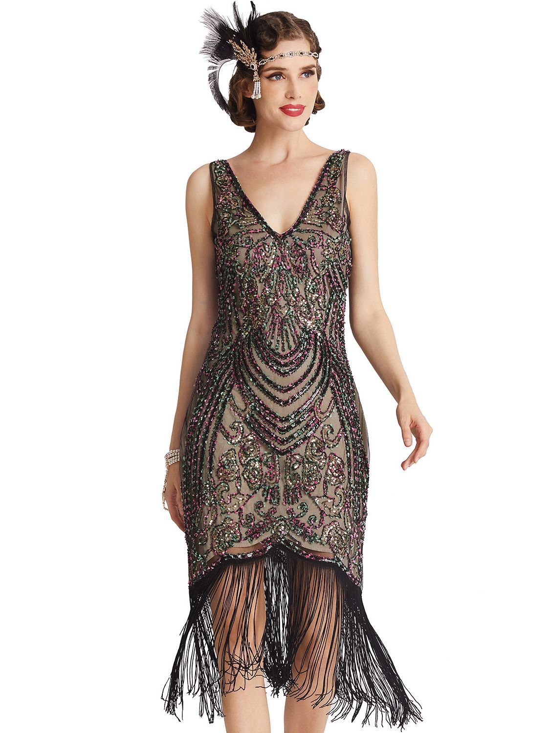 Damen 1920er Jahre Stil Charleston Kleid Flapper Kleider Voller Pailletten Retro klassische Motto Party