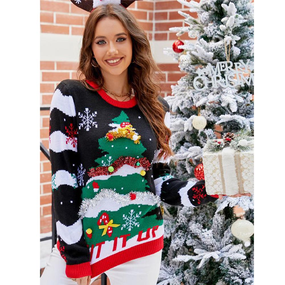 Damen 2024 Weihnachten Pullover Weihnachtsbaum Print Pullover Cosplay Kostüm Outfits Halloween Karneval Anzug