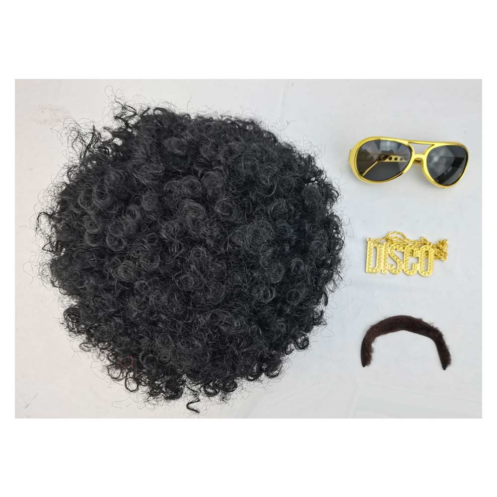 Herren Hippie Rock Perücke Halskette Bart Brille Set Halloween Karneval Kostüm Zubehör