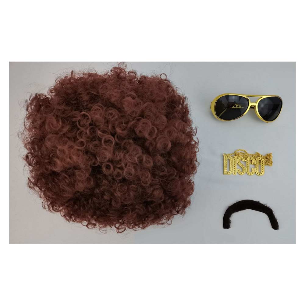 Herren Hippie Rock Perücke Halskette Bart Brille Set Halloween Karneval Kostüm Zubehör