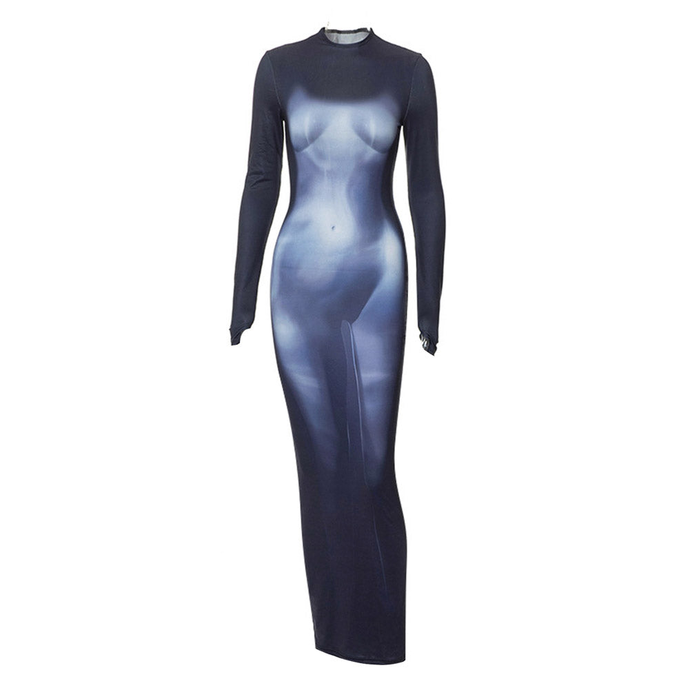 Y2k 3D Körperdruck Maxikleid Cosplay Kostüm Outfits Halloween Karneval Anzug Körperdruck Kleid Lange Ärmel Stretchy Midi Kleid