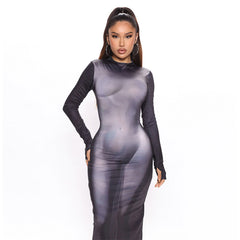 Y2k 3D Körperdruck Maxikleid Cosplay Kostüm Outfits Halloween Karneval Anzug Körperdruck Kleid Lange Ärmel Stretchy Midi Kleid