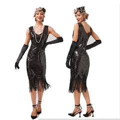 Damen Retro 1920er Stil Flapper Kleider Charleston Kleid V Ausschnitt Motto Party Kleider