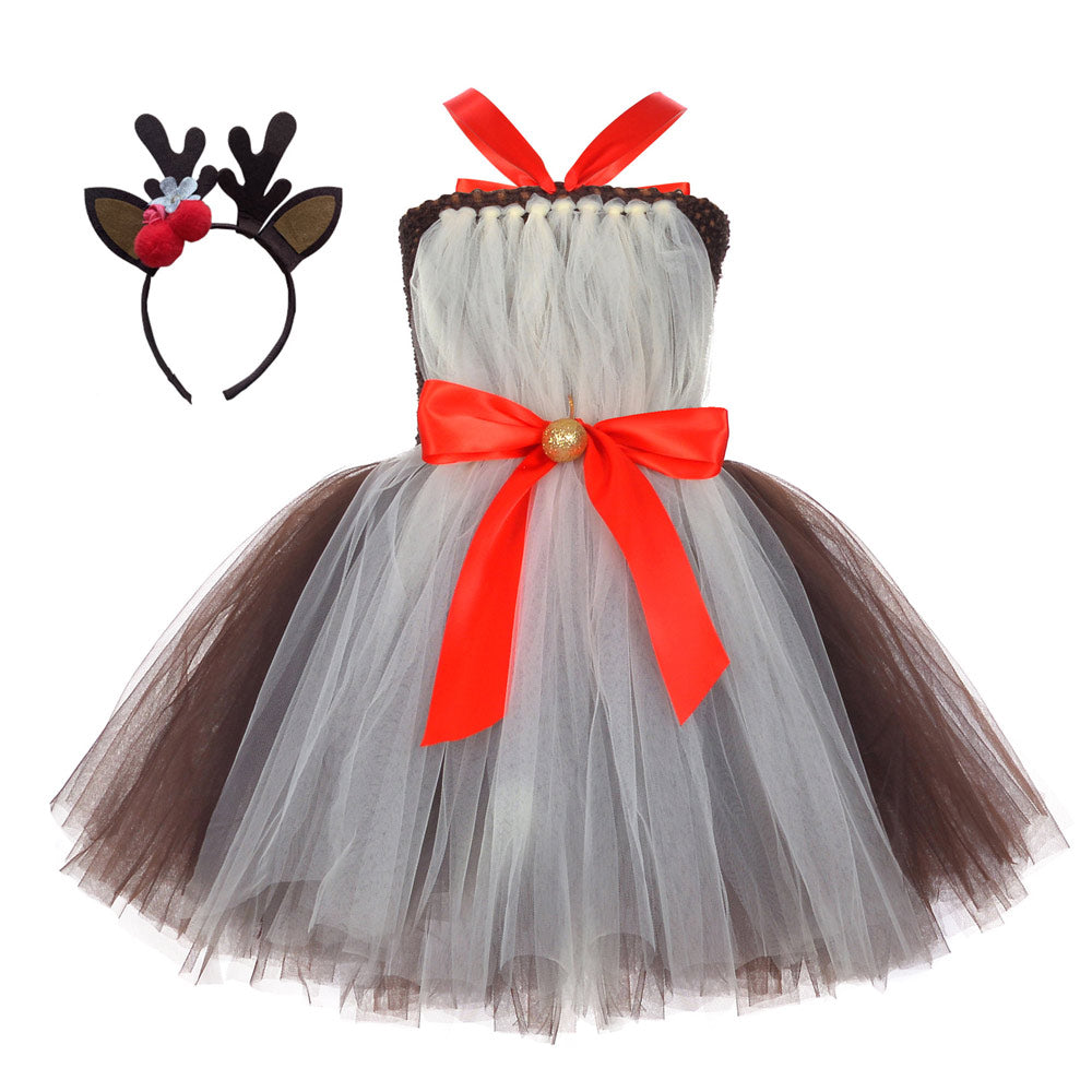 Weihnachten Mädchen Tutu Kleid Tüllkleid Geburstag Festkleid Ärmellos Rentier Kostüm