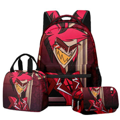 Hazbin Hotel Alastor Schultasche Reise Rucksack Umhängetasche Federtasche Dreiteiliges Set Geschenk für Kinder Studenten