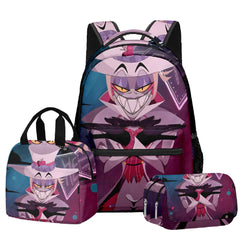 Hazbin Hotel Alastor Schultasche Reise Rucksack Umhängetasche Federtasche Dreiteiliges Set Geschenk für Kinder Studenten