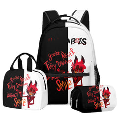 Hazbin Hotel Alastor Schultasche Reise Rucksack Umhängetasche Federtasche Dreiteiliges Set Geschenk für Kinder Studenten